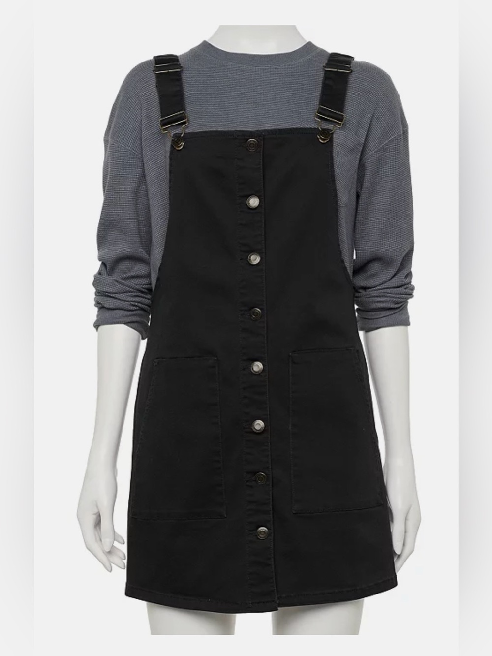 NWT • So Juniors’  • Pinafore Knee Length Dress • Black Button Front • XL